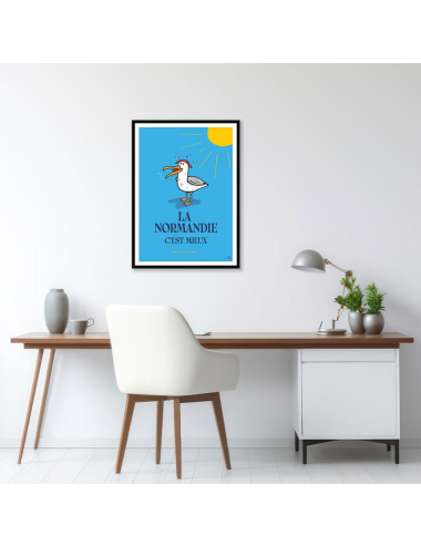 Affiche rétro Normandie encadrée – poster goéland humoristique
