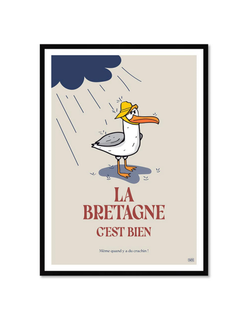 Affiche humour rétro Bretagne encadrée – Goéland et crachin