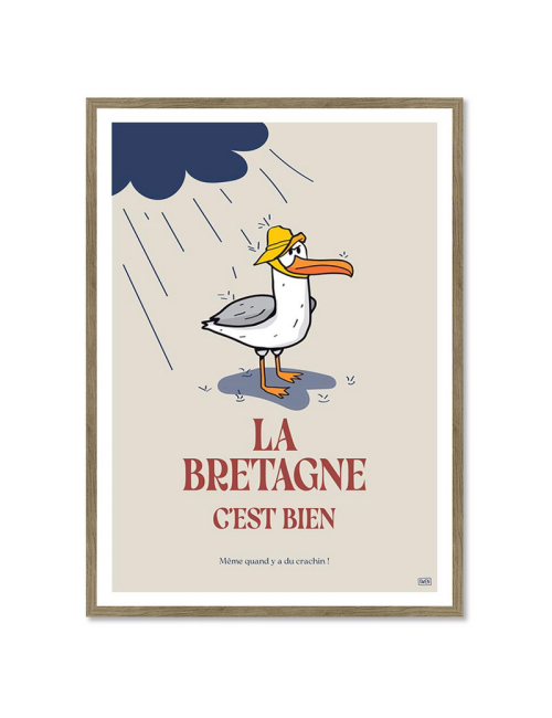 Affiche humour rétro Bretagne encadrée – Goéland et crachin