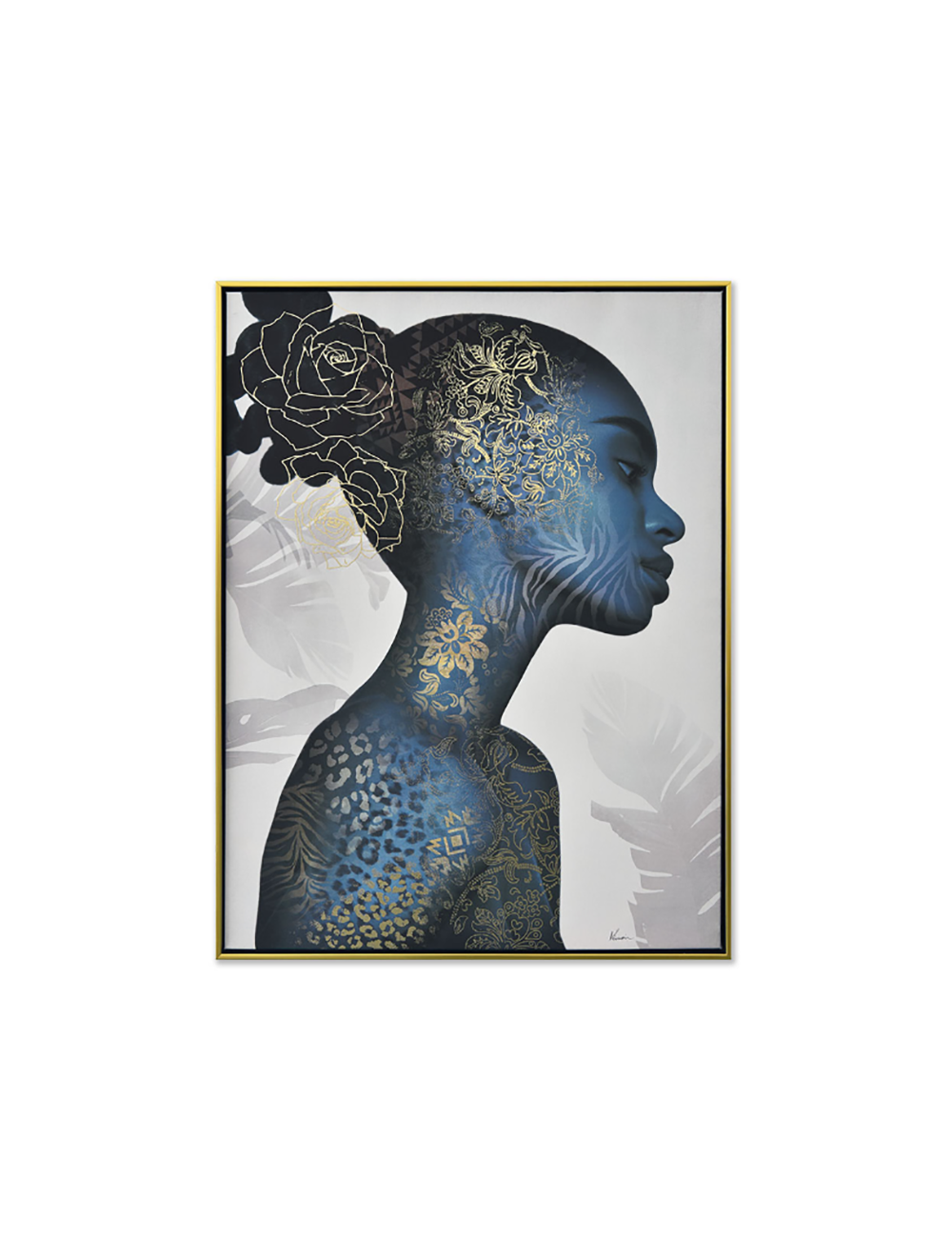 Tableau femme bleue dorée profil – toile 60x80 cm