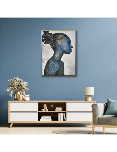 Tableau femme bleue dorée profil – toile 60x80 cm