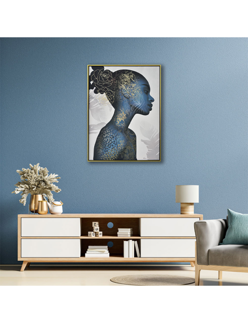 Tableau femme bleue dorée profil – toile 60x80 cm