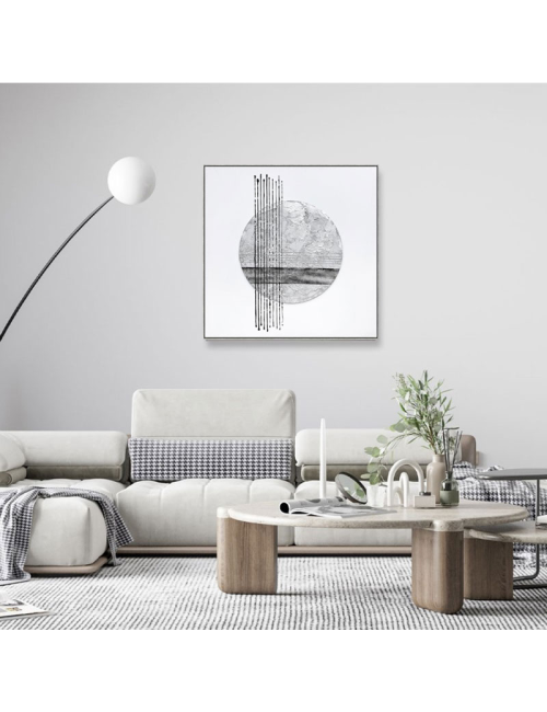 Tableau abstrait cercle argent – toile moderne 80x80 cm