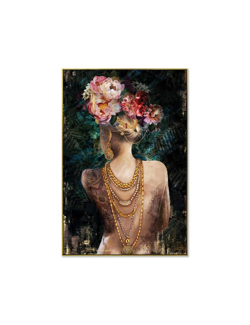 Tableau femme tatouée aux bijoux dorés – toile 80x120 cm