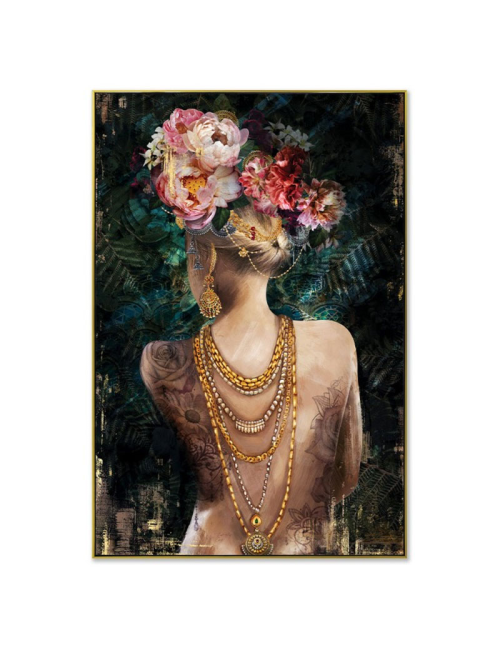 Tableau femme tatouée aux bijoux dorés – toile 80x120 cm