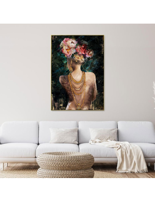 Tableau femme tatouée aux bijoux dorés – toile 80x120 cm