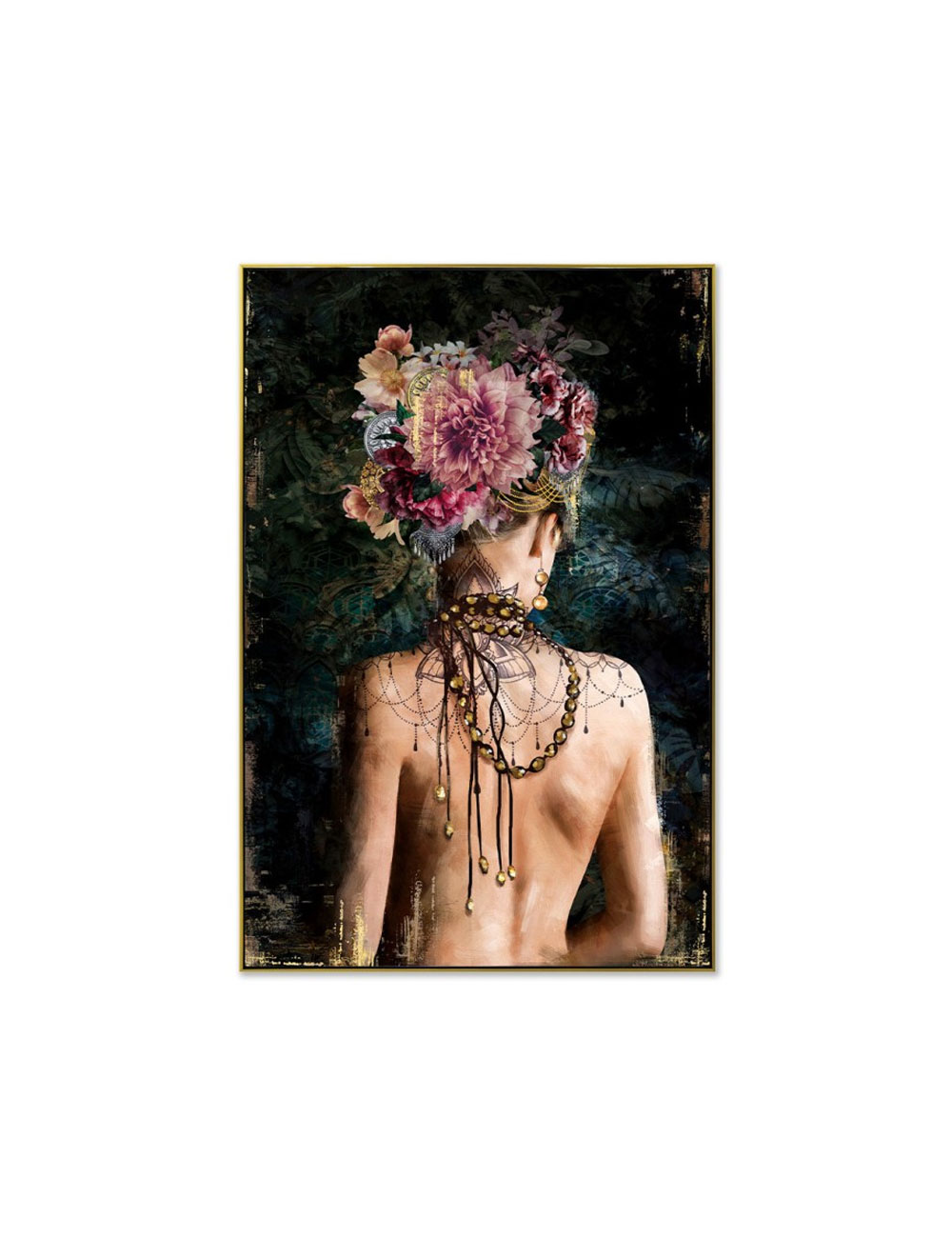 Tableau femme fleurie et perles dorées – toile 80x120 cm