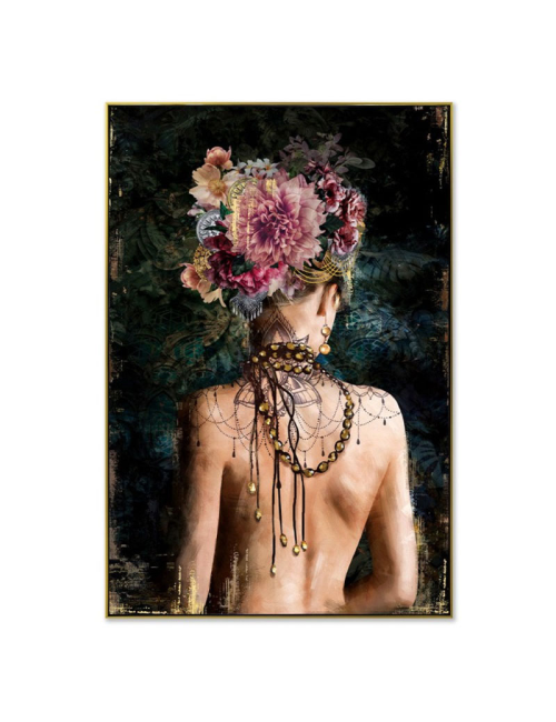 Tableau femme fleurie et perles dorées – toile 80x120 cm