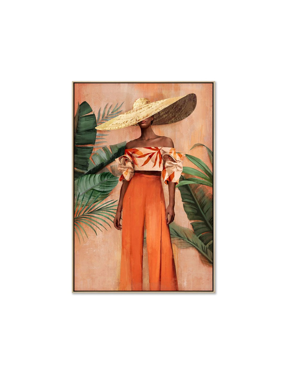 Tableau femme au chapeau XXL et feuillage tropical – toile 80x120