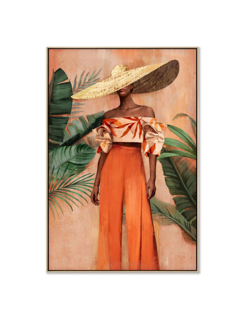 Tableau femme au chapeau XXL et feuillage tropical – toile 80x120