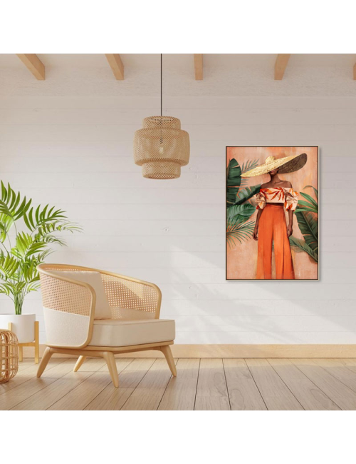 Tableau femme au chapeau XXL et feuillage tropical – toile 80x120