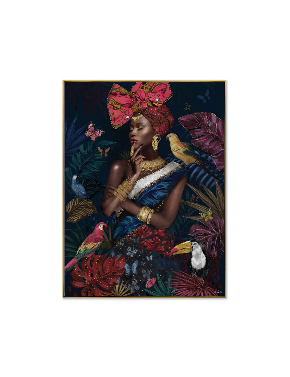 Tableau femme africaine et oiseaux tropicaux – toile 60x80