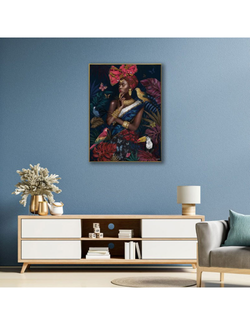 Tableau femme africaine et oiseaux tropicaux – toile 60x80