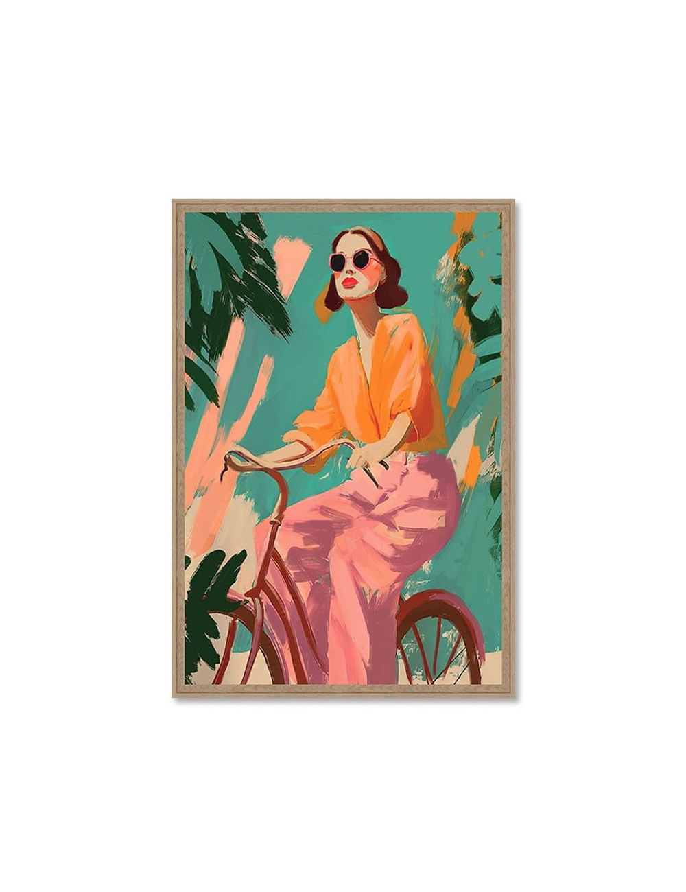 Tableau rétro femme à vélo design coloré
