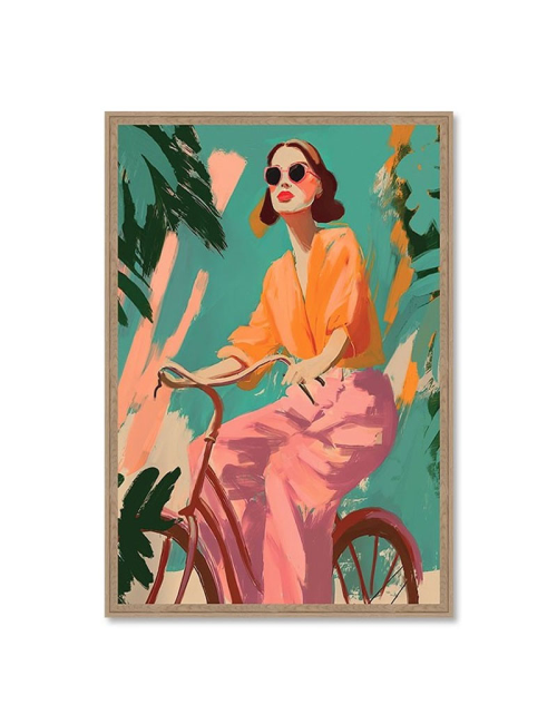 Tableau rétro femme à vélo design coloré