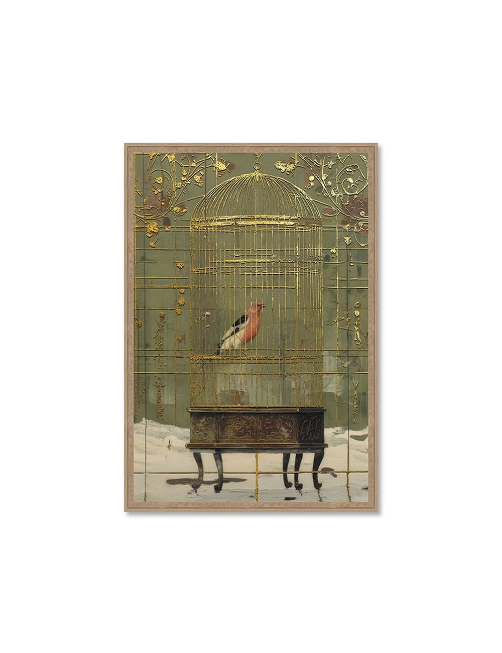 Tableau oiseau en cage dorée style rétro chic