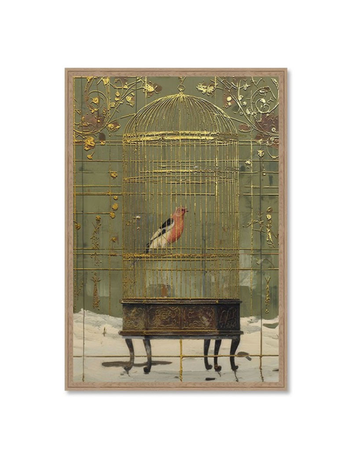 Tableau oiseau en cage dorée style rétro chic