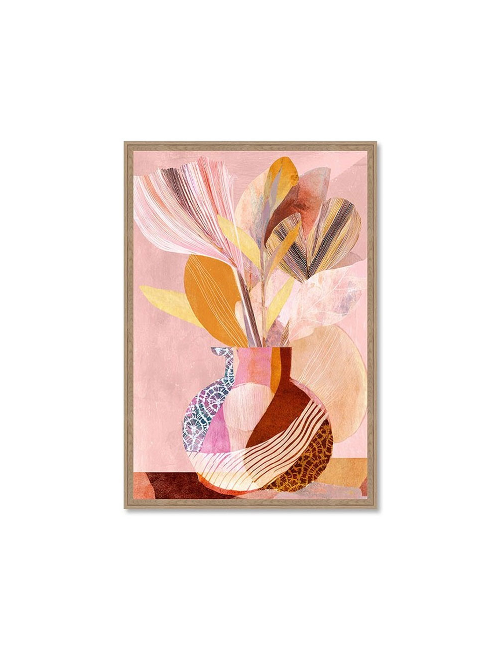 Tableau vase floral moderne aux tons rosés et dorés