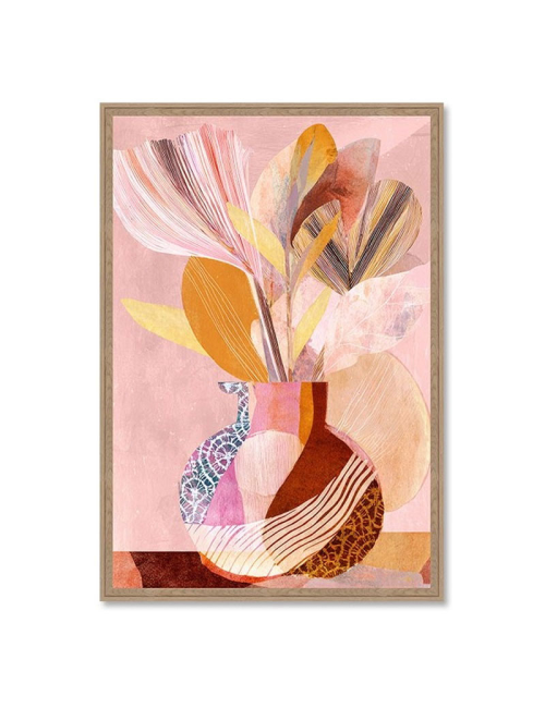 Tableau vase floral moderne aux tons rosés et dorés