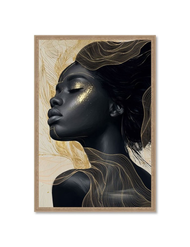 Tableau portrait femme 80x120 noir et or moderne