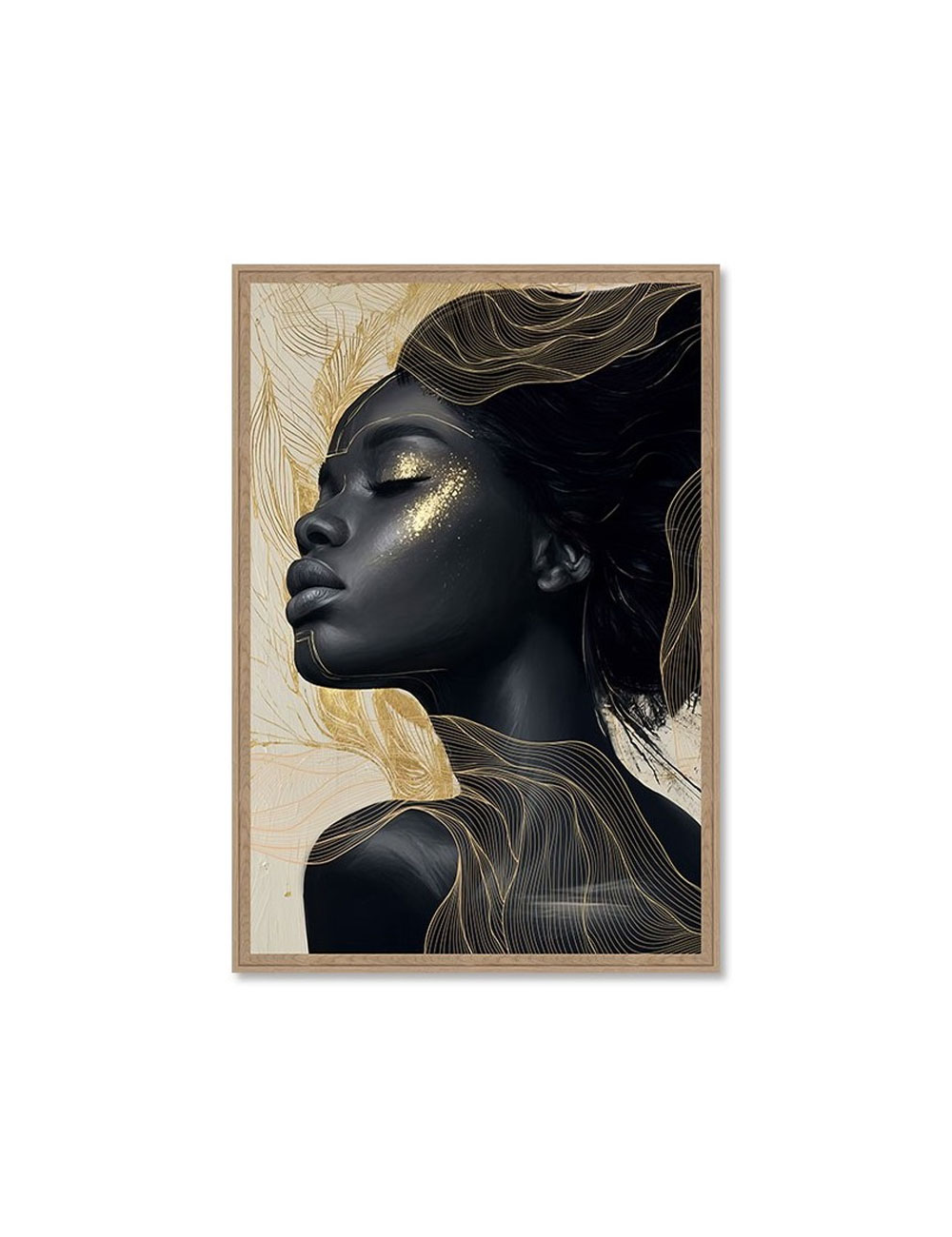 Tableau portrait femme 80x120 noir et or moderne