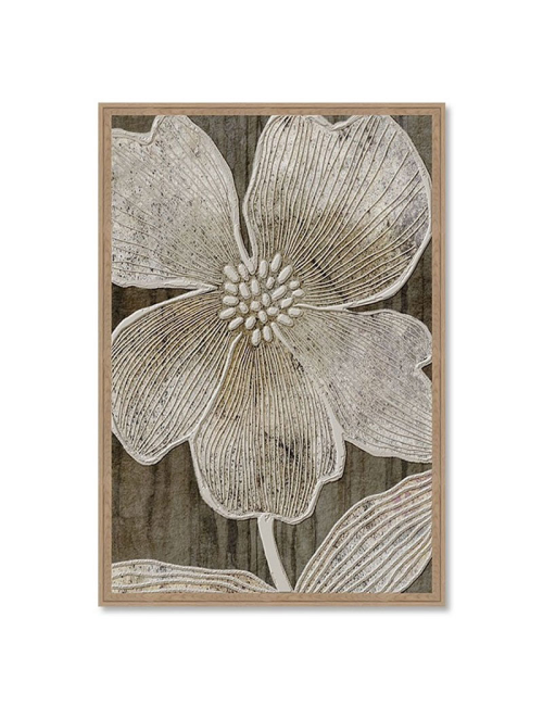 Tableau fleur effet broderie beige et brun
