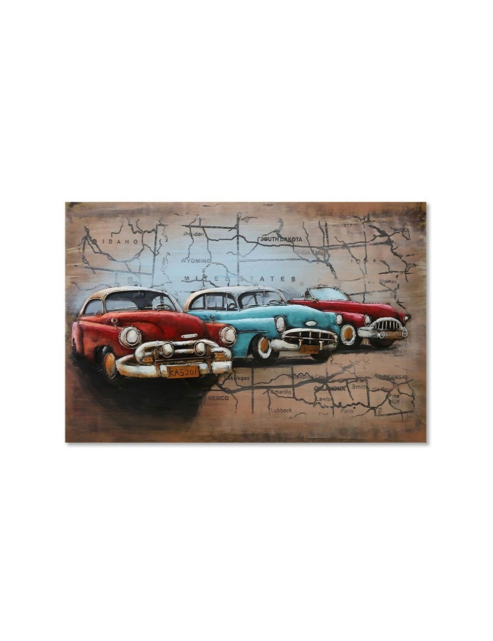Tableau métal 3D voitures américaines rétro 80x120