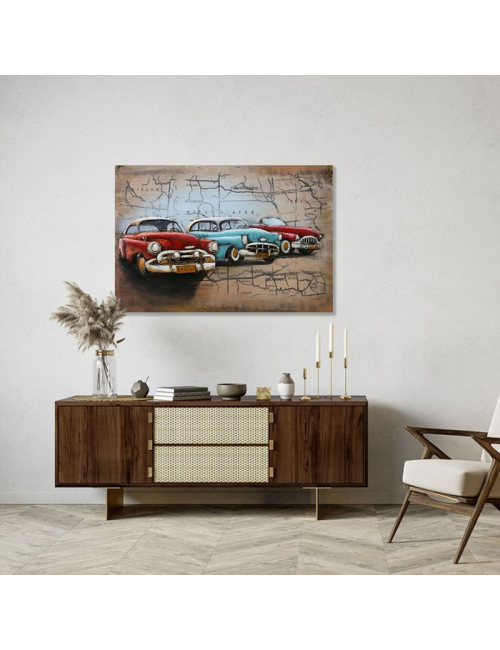Tableau métal 3D voitures américaines rétro 80x120