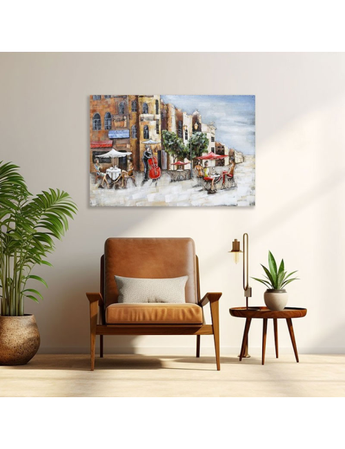 Tableau métal 3D terrasse de café vintage 80x120