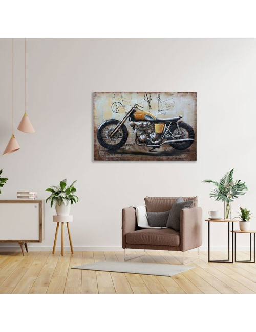 Tableau métal 3D moto vintage jaune 80x120