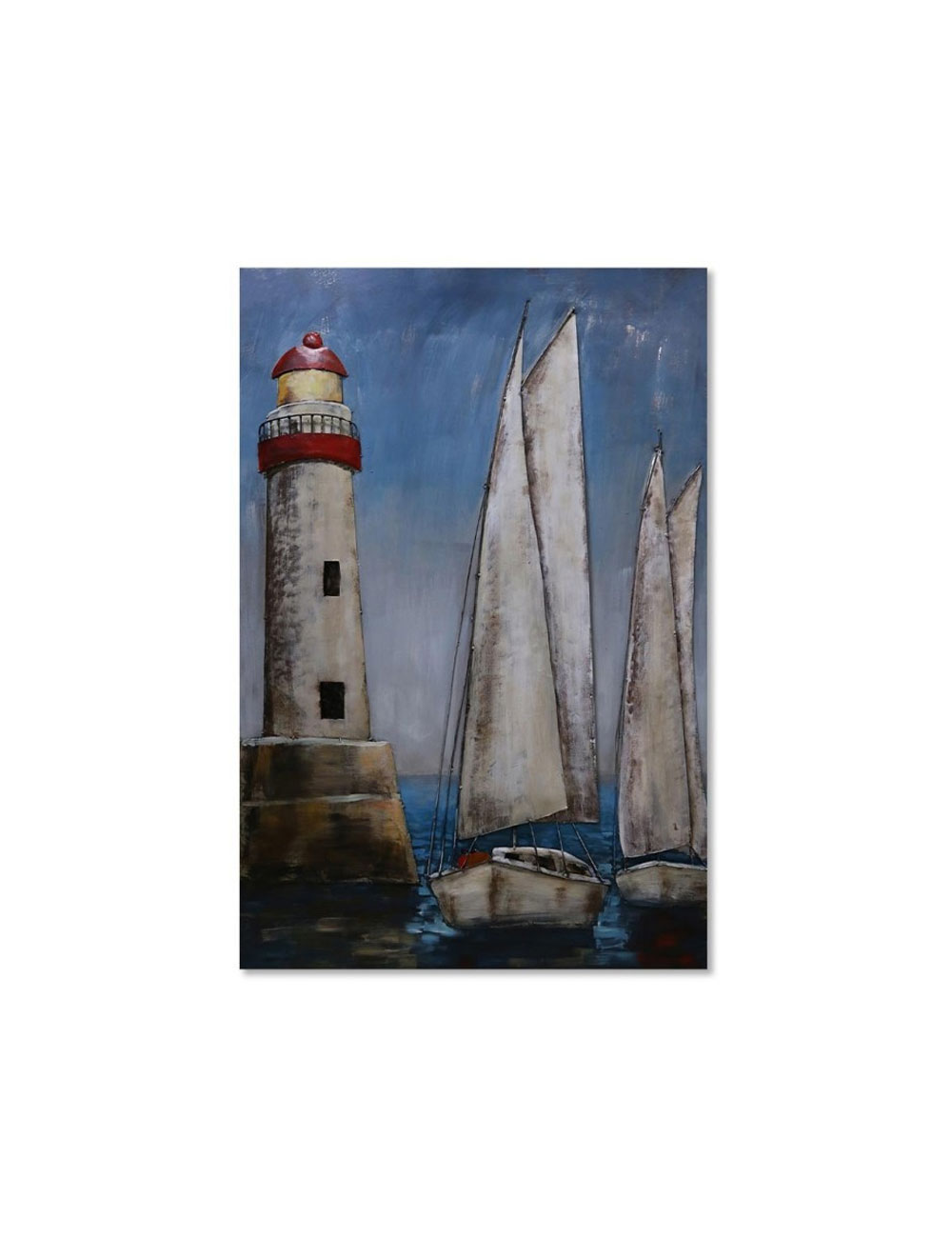 Tableau métal 3D phare et voiliers 80x120