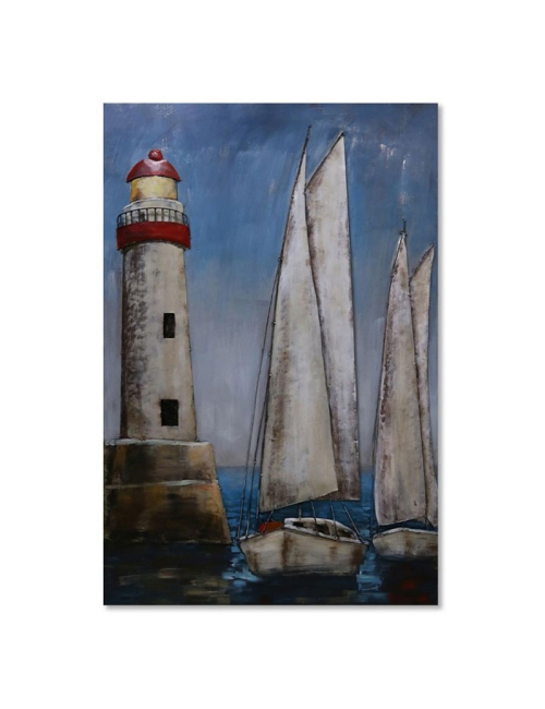 Tableau métal 3D phare et voiliers 80x120
