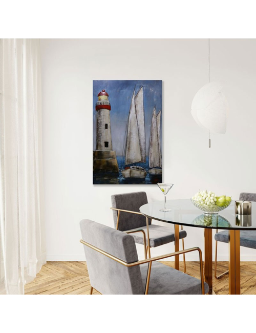 Tableau métal 3D phare et voiliers 80x120