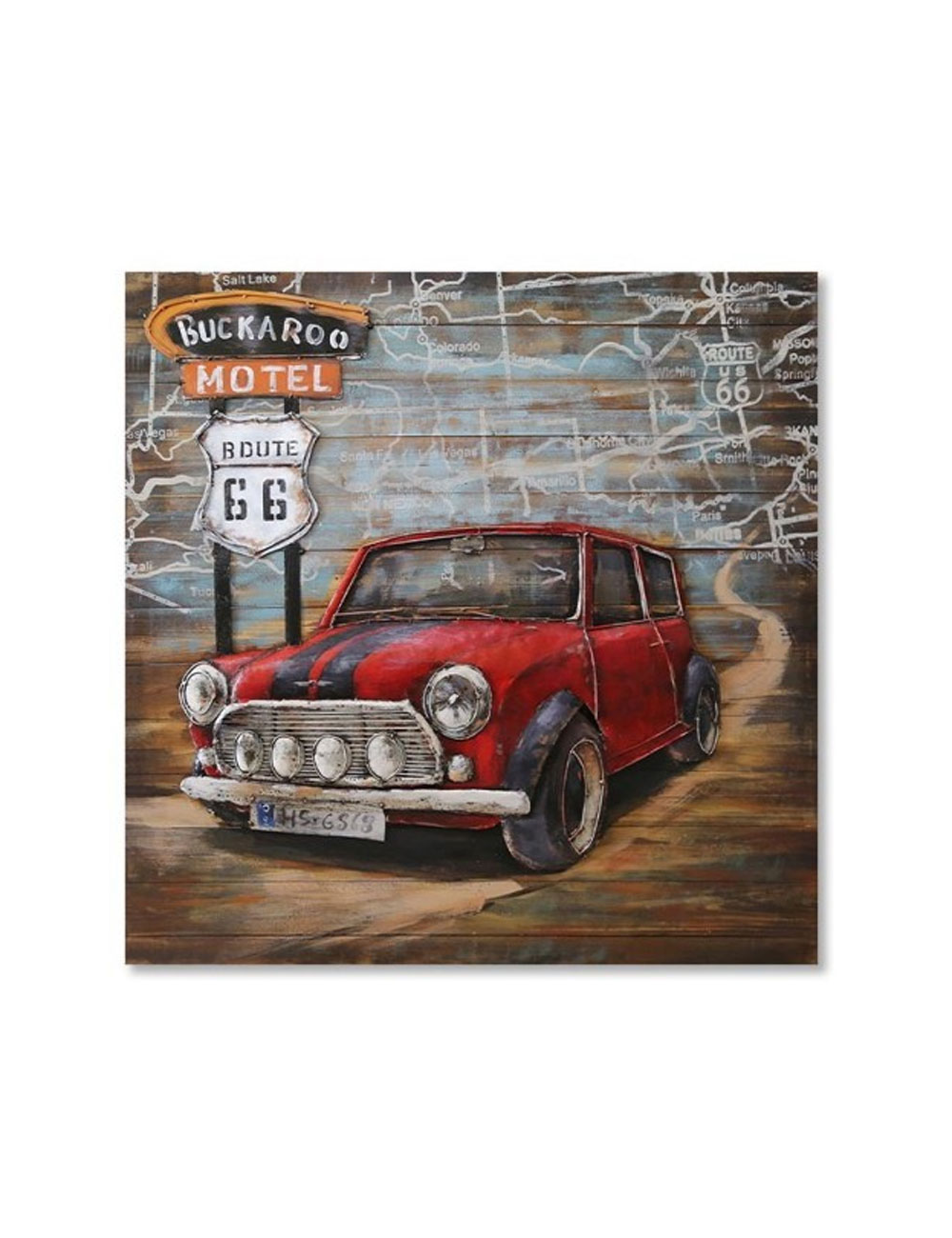 Tableau métal 3D Mini rouge Route 66 80x80