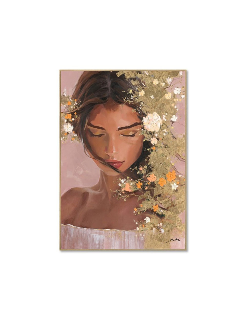 Tableau femme aux fleurs dorées – 70x100 cm