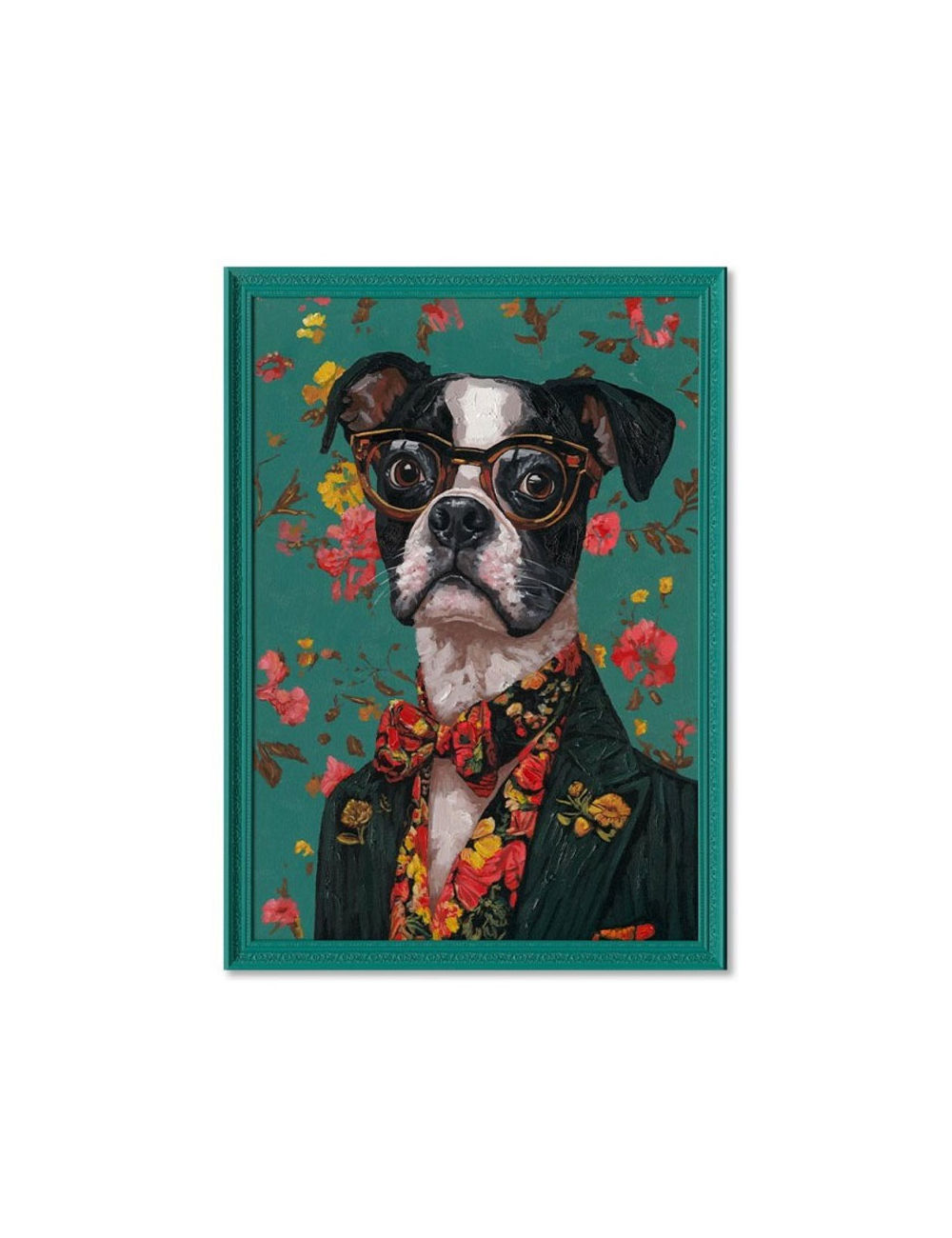 Tableau chien élégant costume fleuri – 70x100 cm