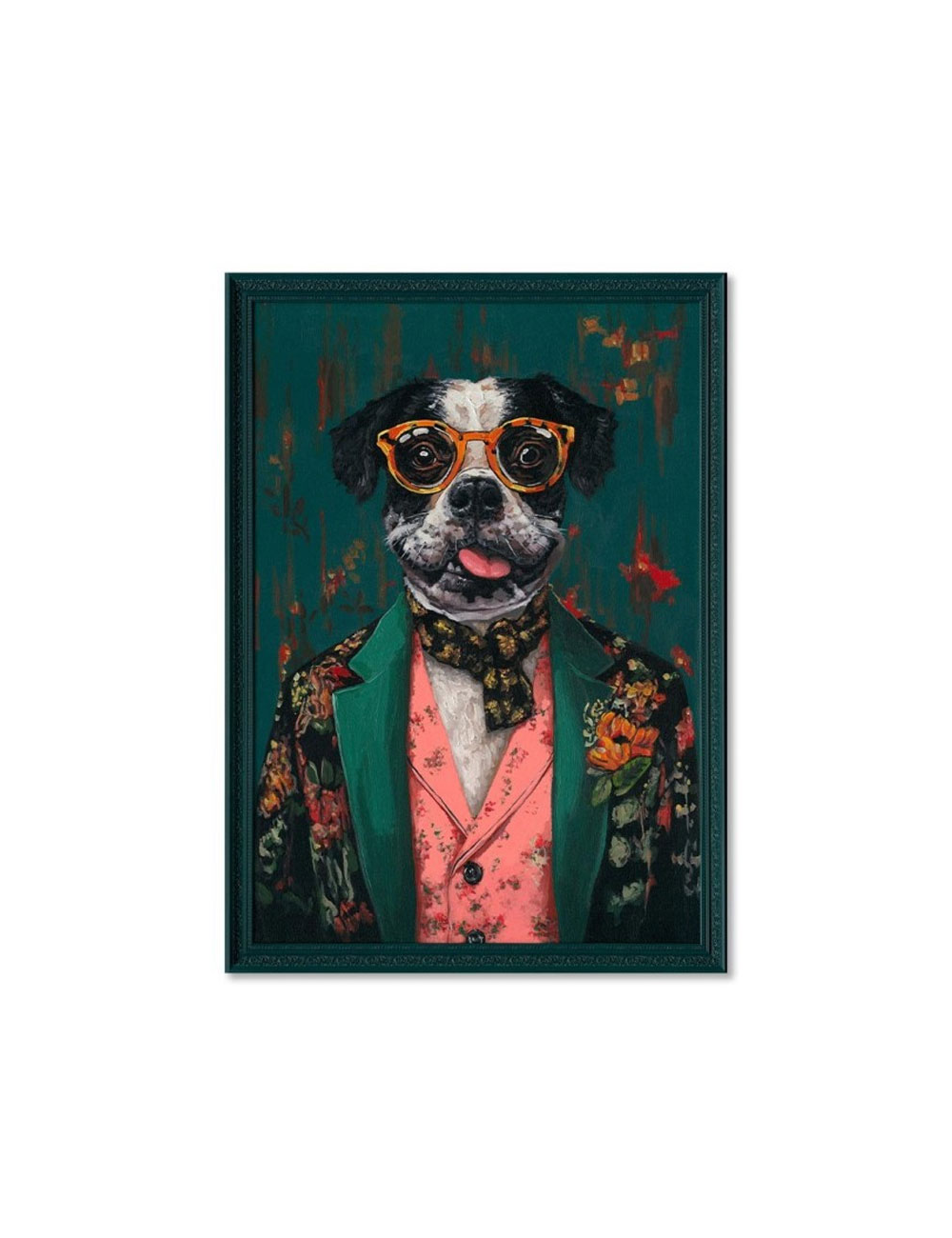 Tableau chien élégant costume fleuri rose – 70x100 cm