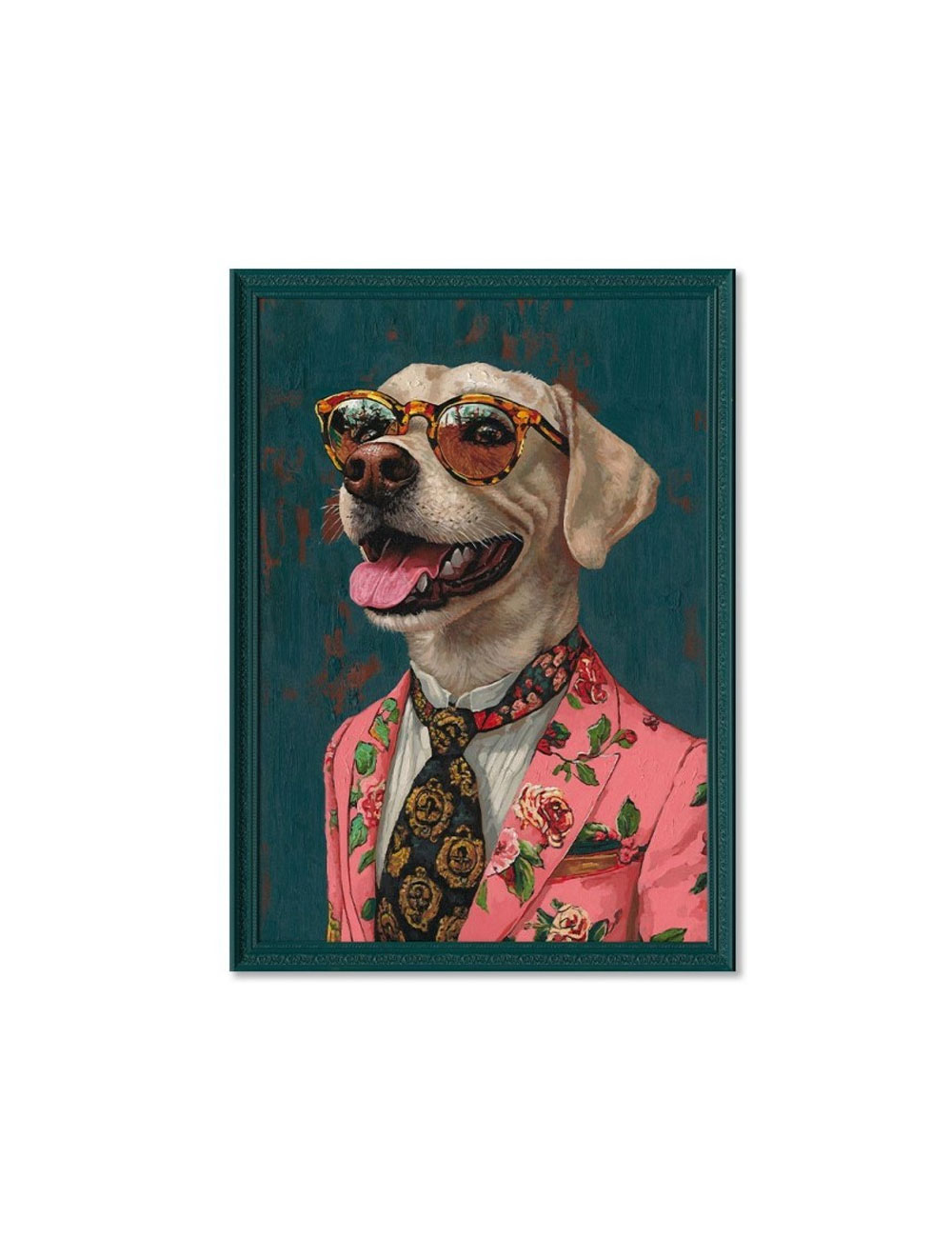 Tableau chien élégant costume fleuri rose – 70x100 cm