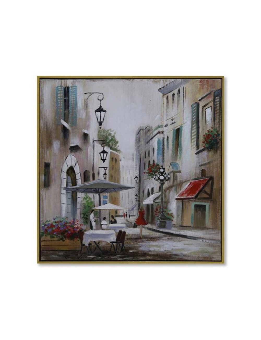 Tableau rue animée et terrasses – 80x80 cm