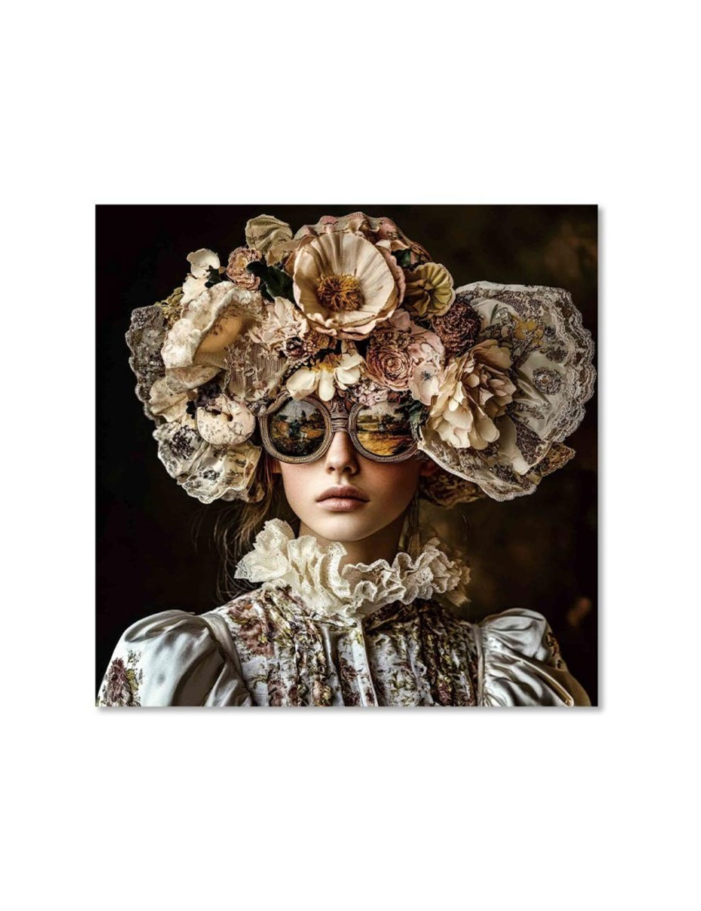 Tableau en verre femme vintage fleuri 80x80