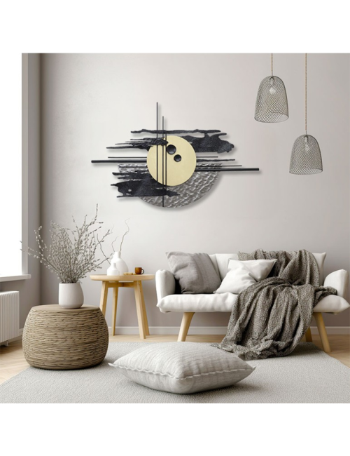 Sculpture murale métal noir et bois design abstrait