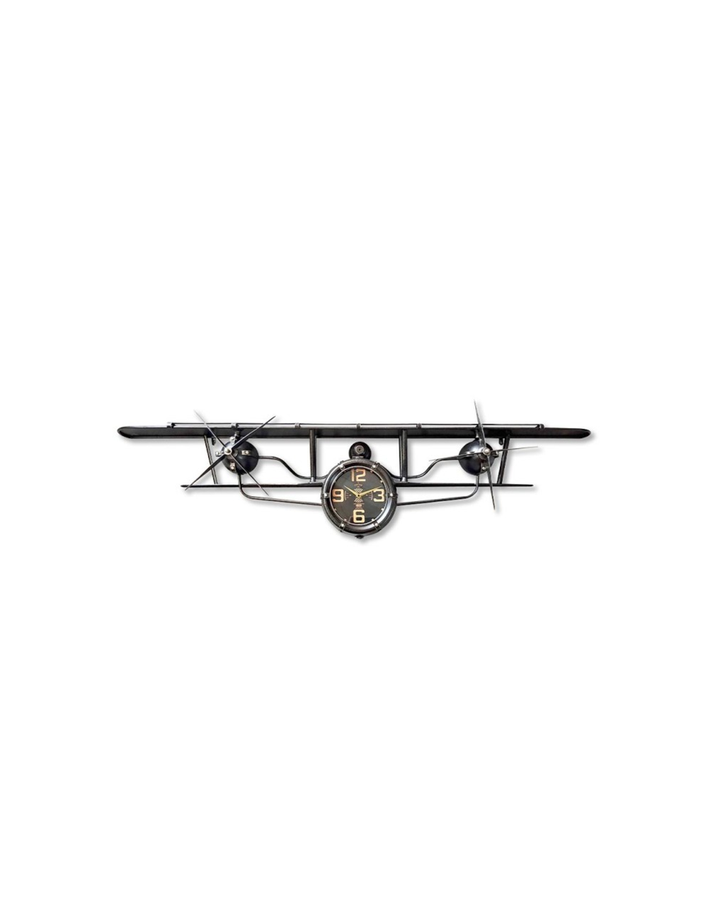 Sculpture murale avion métal noir avec horloge design rétro