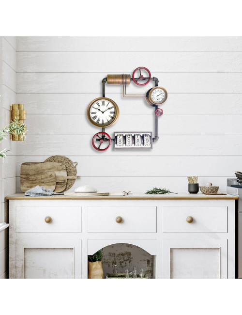 Sculpture horloge industrielle métal – déco murale rétro