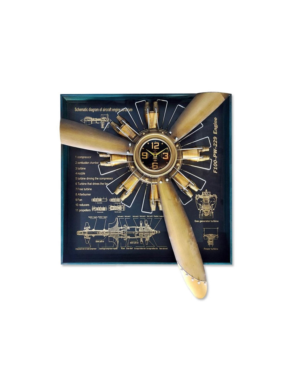 Sculpture horloge avion métal doré – déco murale industrielle