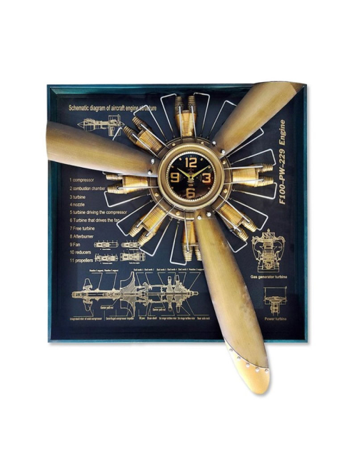 Sculpture horloge avion métal doré – déco murale industrielle