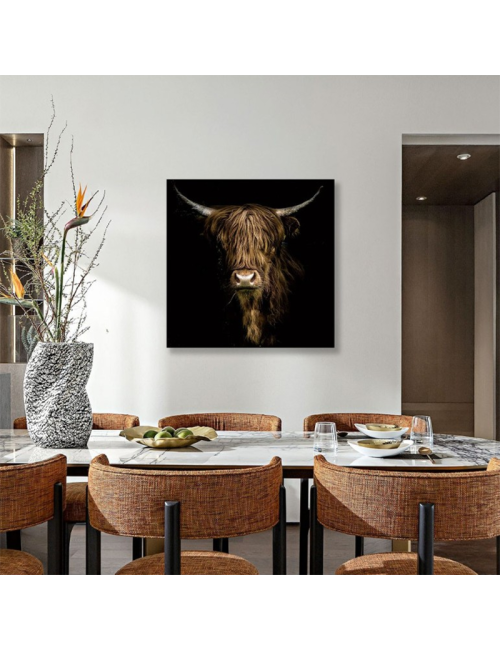 Tableau vache Highland sur verre – esprit sauvage