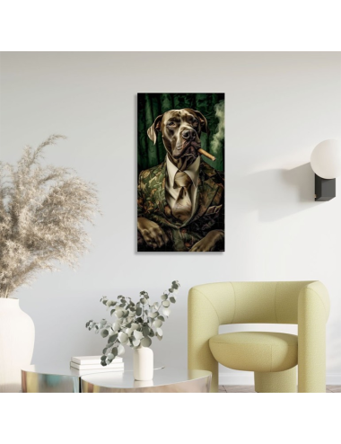 Tableau sur verre chien en costume – décoration murale originale