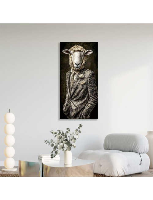 Tableau mouton élégant en costume sur verre