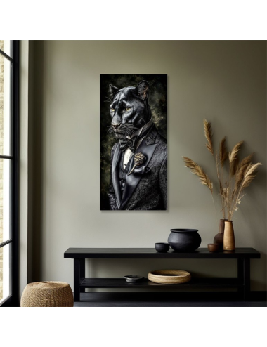 Tableau sur verre panthère noire en costume – décoration murale design