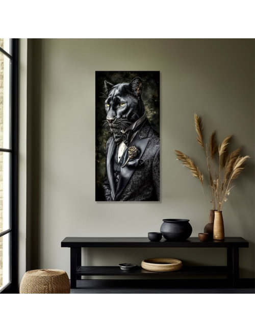 Tableau panthère noire en costume sur verre